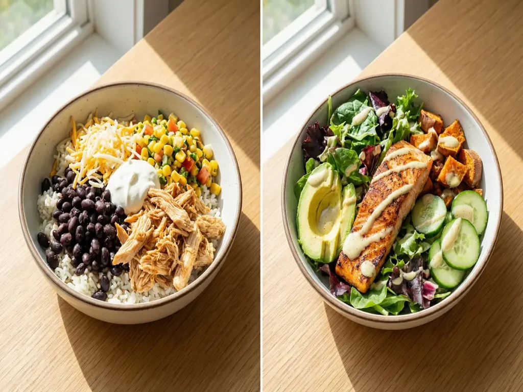 Classic burrito bowl compared with a lighter lifestyle style bowl
