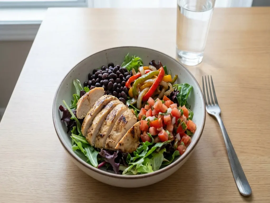 Lighter Chipotle bowl with chicken greens beans and salsa for a nutrition section