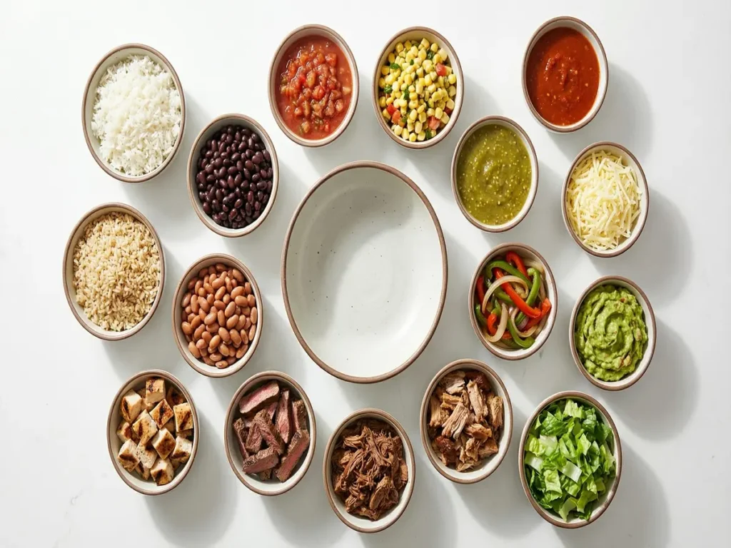 Chipotle bowl ingredients including rice beans proteins salsa cheese guacamole and toppings
