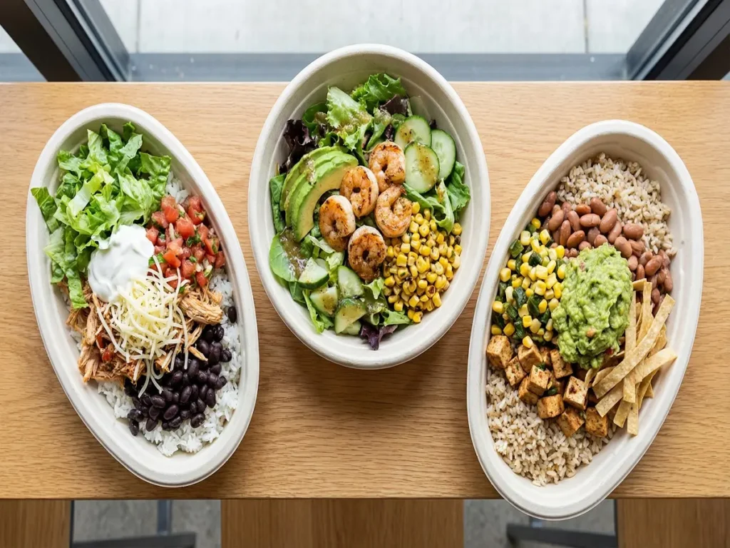 Different Chipotle bowl menu options including classic bowl, lighter bowl, and plant-based bowl

