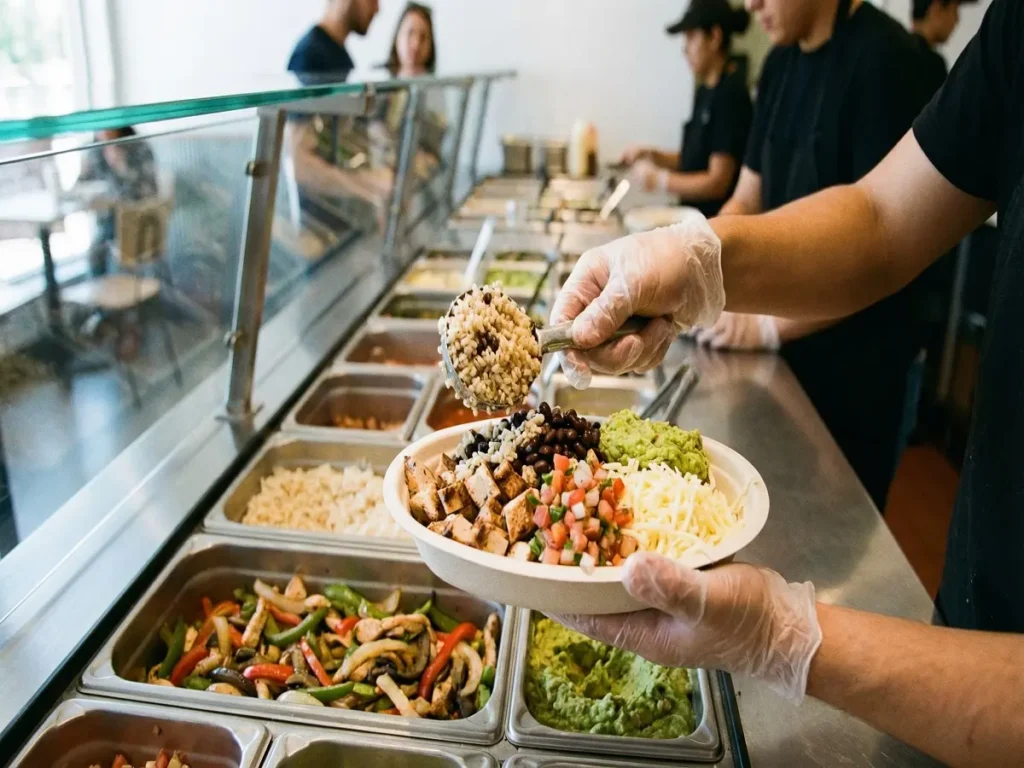 Chipotle style bowl being assembled at a serving counter with fresh toppings