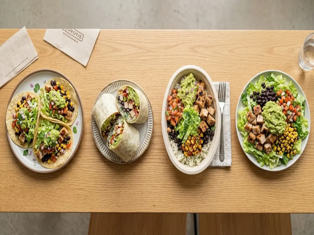 Chipotle burrito bowl tacos and salad comparison