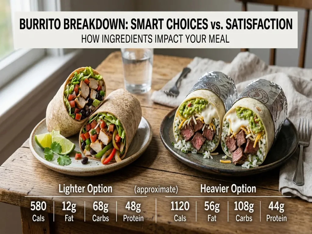 Chipotle burrito calories and nutrition visual with tortilla toppings and protein choices