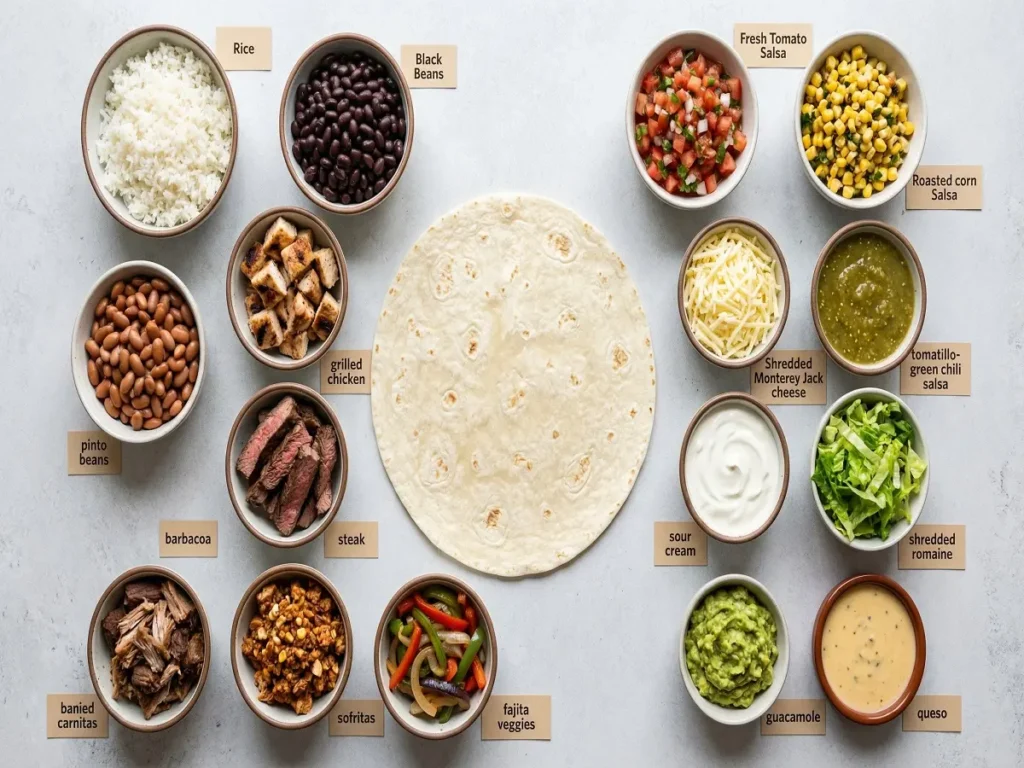 Chipotle burrito ingredients including tortilla rice beans protein salsa and toppings
