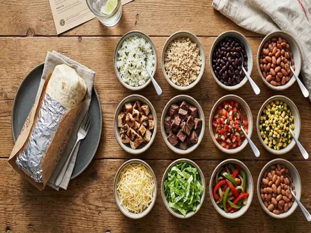 Chipotle burrito menu at a glance with tortilla rice beans protein and toppings