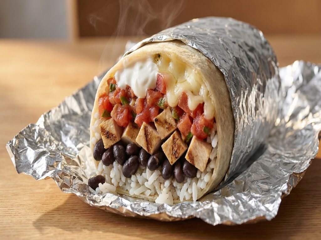 chipotle chicken burrito cut open with rice beans salsa cheese