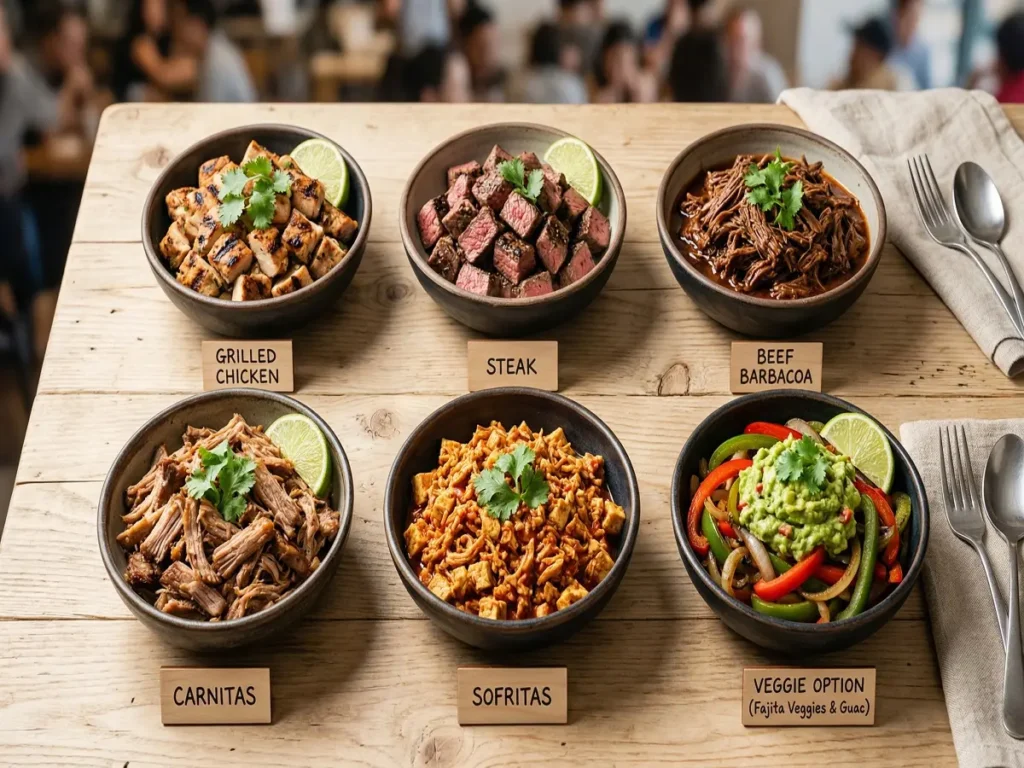 Chipotle burrito protein options chicken steak barbacoa carnitas sofritas and veggie