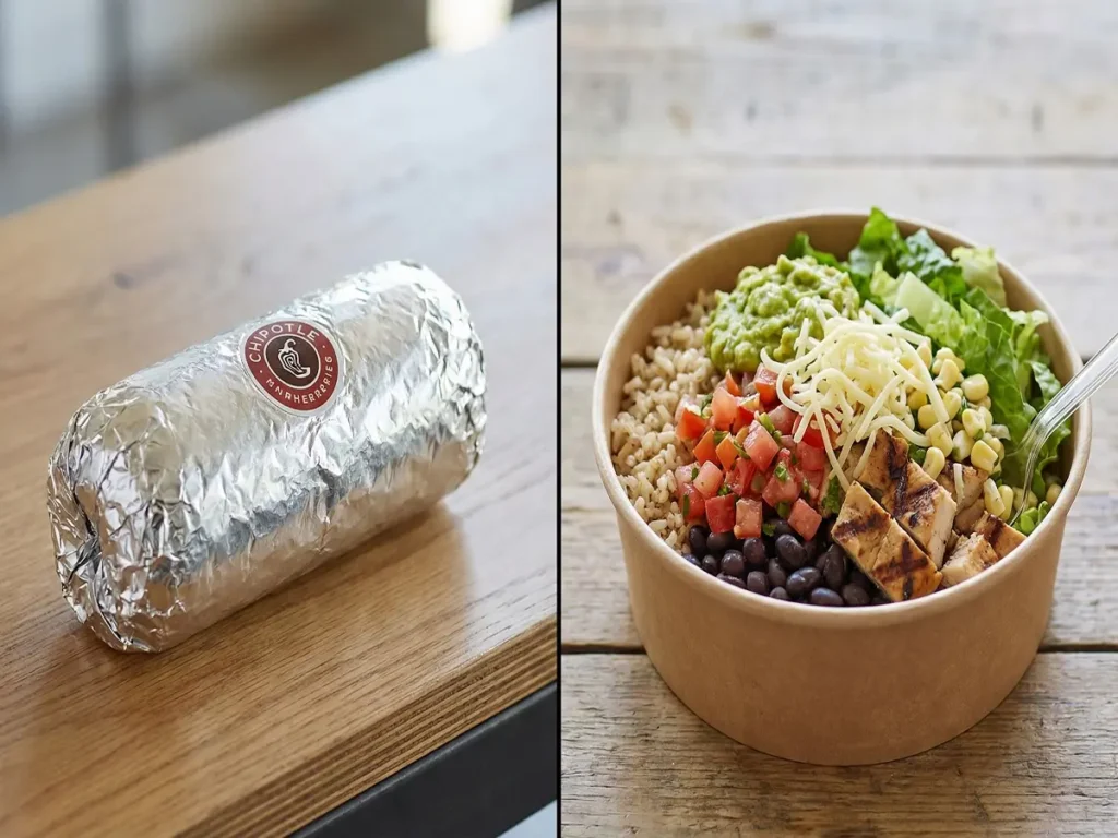 chipotle burrito vs bowl comparison showing difference in visibility and portion