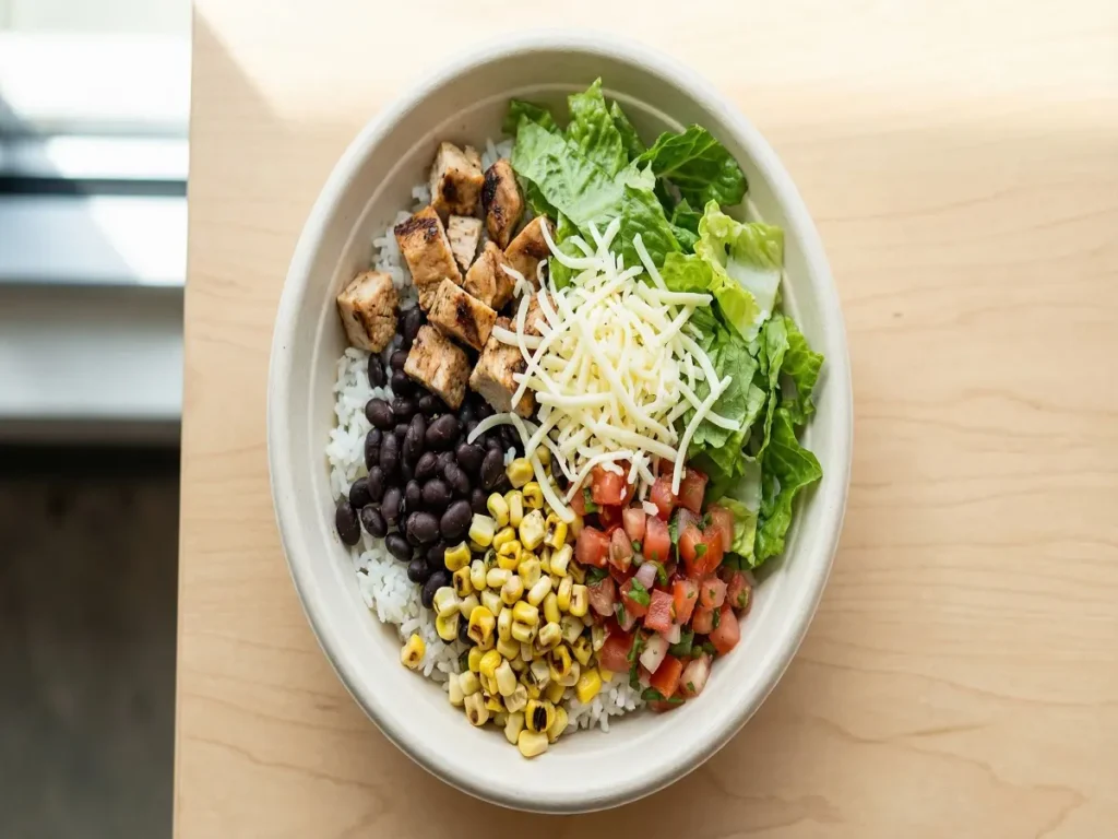Chipotle chicken bowl with rice beans corn salsa cheese lettuce