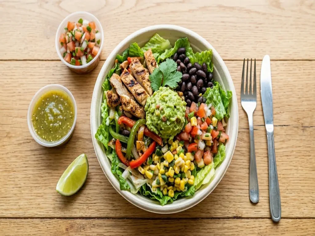 low calorie chipotle bowl with chicken and vegetables

