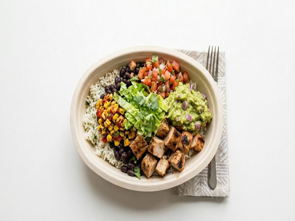Low calorie Chipotle bowl with chicken and vegetables