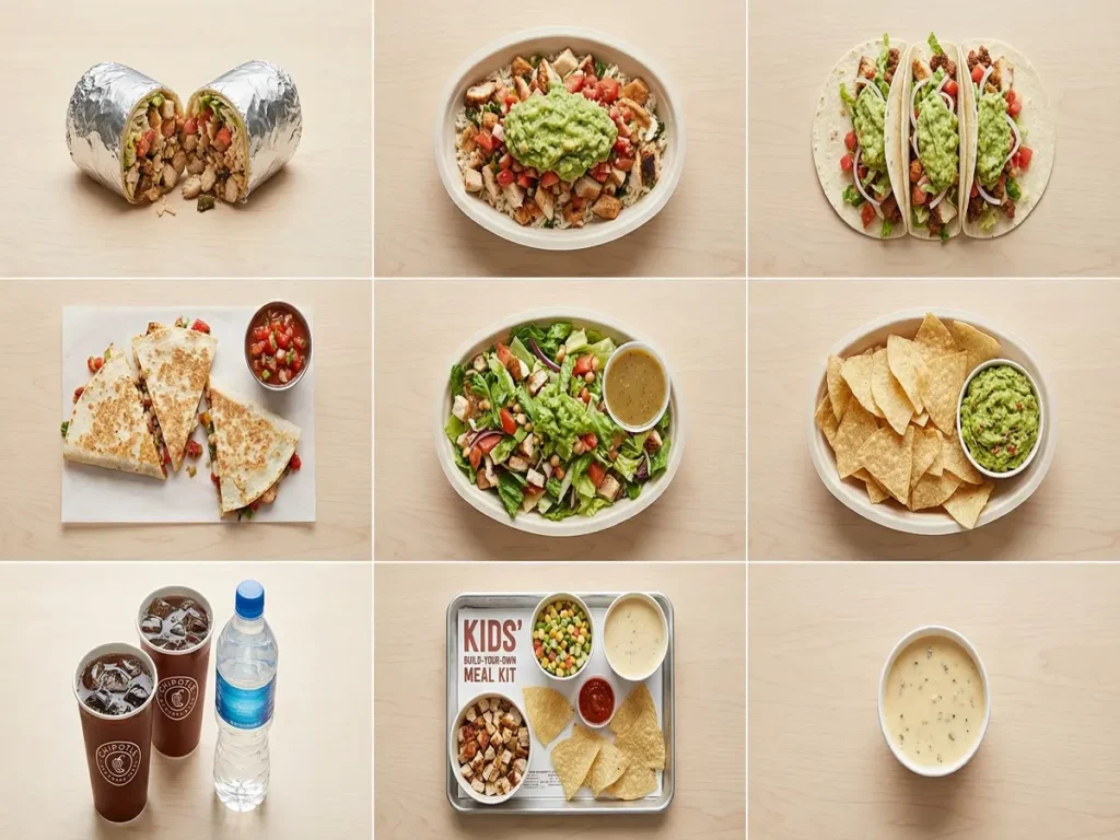 chipotle menu categories burrito bowl tacos quesadilla salad chips drinks kids meal photos
