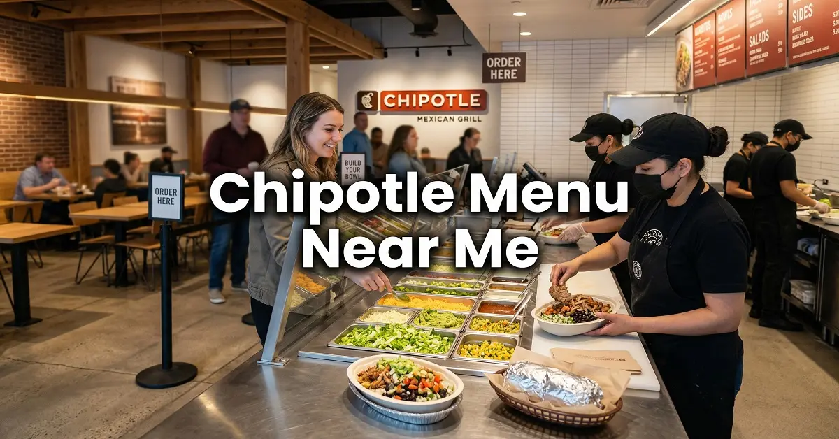 Chipotle menu near me with restaurant interior and food items in USA