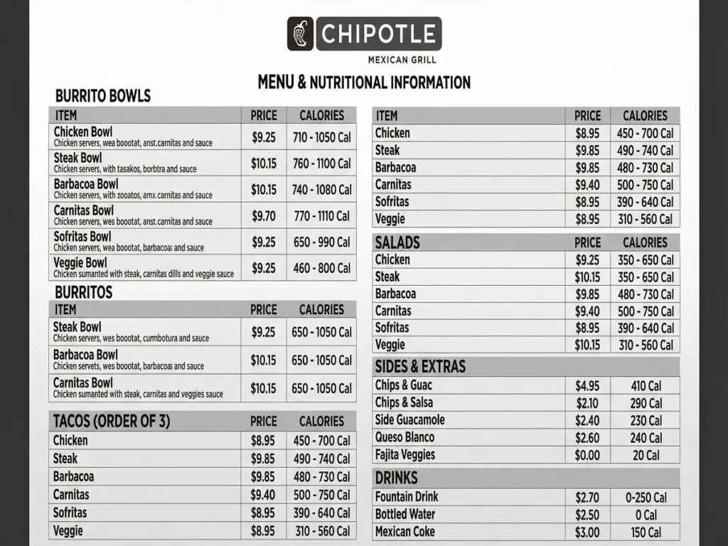 chipotle menu pdf structure with prices and calories table
