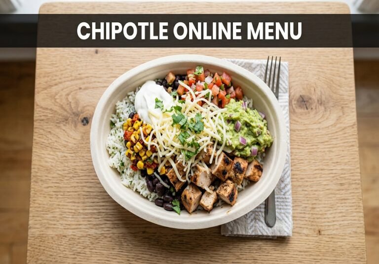 Chipotle online menu with burrito bowl and text overlay