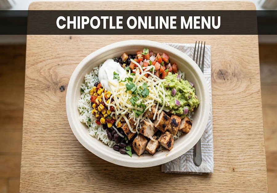 Chipotle online menu with burrito bowl and text overlay