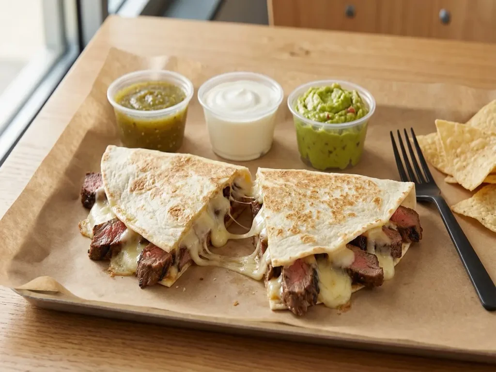 chipotle quesadilla with cheese and steak served with sides