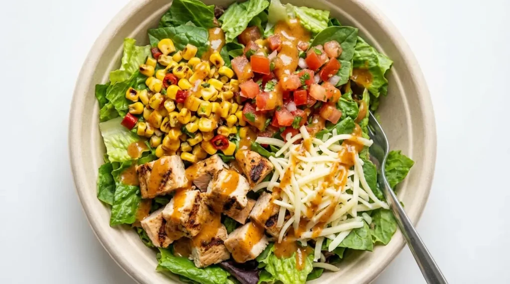 chipotle salad bowl with lettuce chicken corn salsa and dressing