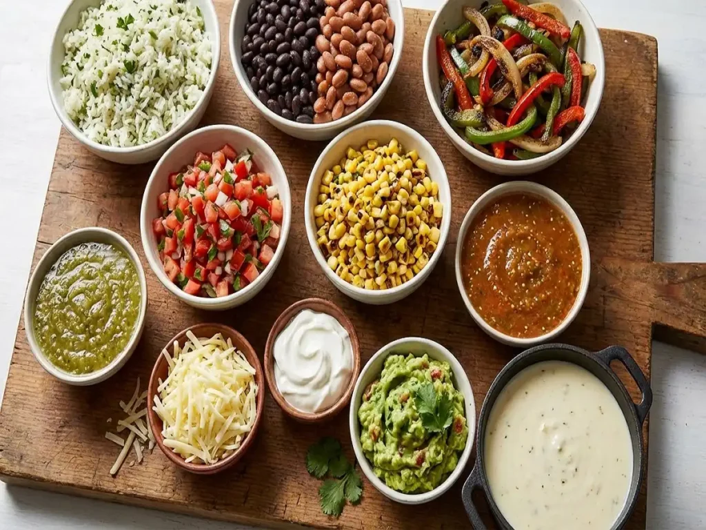 chipotle toppings and salsas rice beans fajita veggies guacamole queso
