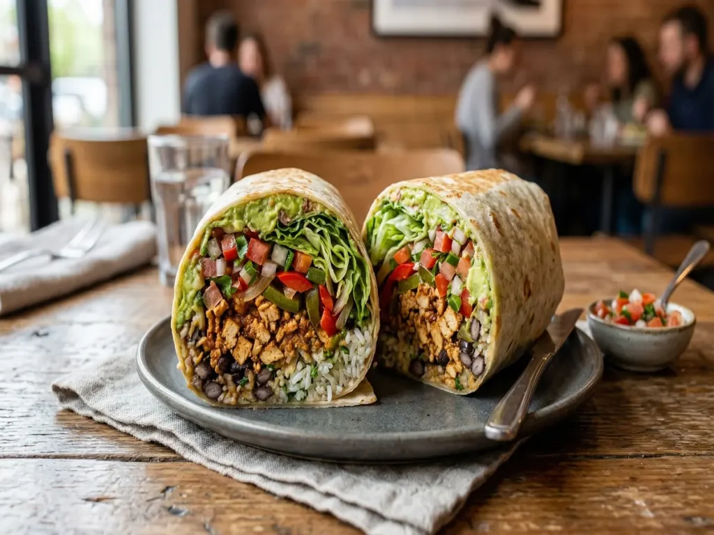 Chipotle vegan and vegetarian burrito with sofritas beans rice salsa and guacamole
