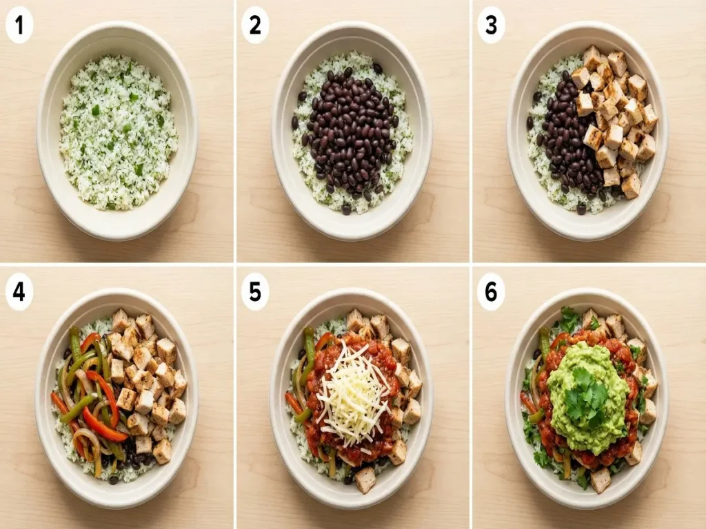 Step by step Chipotle bowl build with rice beans protein toppings and guacamole
