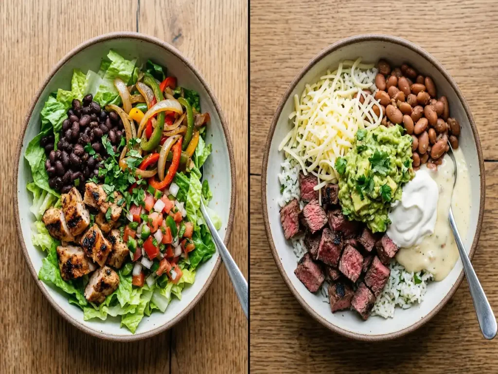 Healthy and heavier Chipotle bowl comparison with different ingredients and toppings