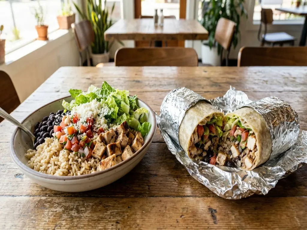 Chipotle bowl compared with a burrito to show the difference between bowl and tortilla wrap
