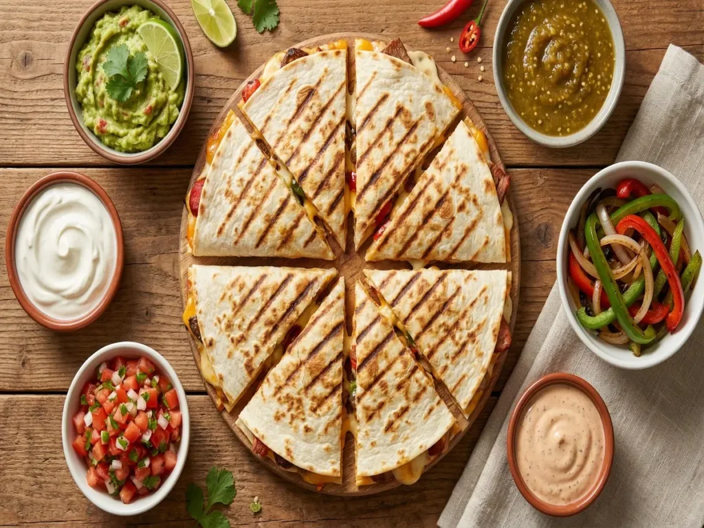 Best sides for a Chipotle Quesadilla including guacamole sour cream salsa and fajita veggies