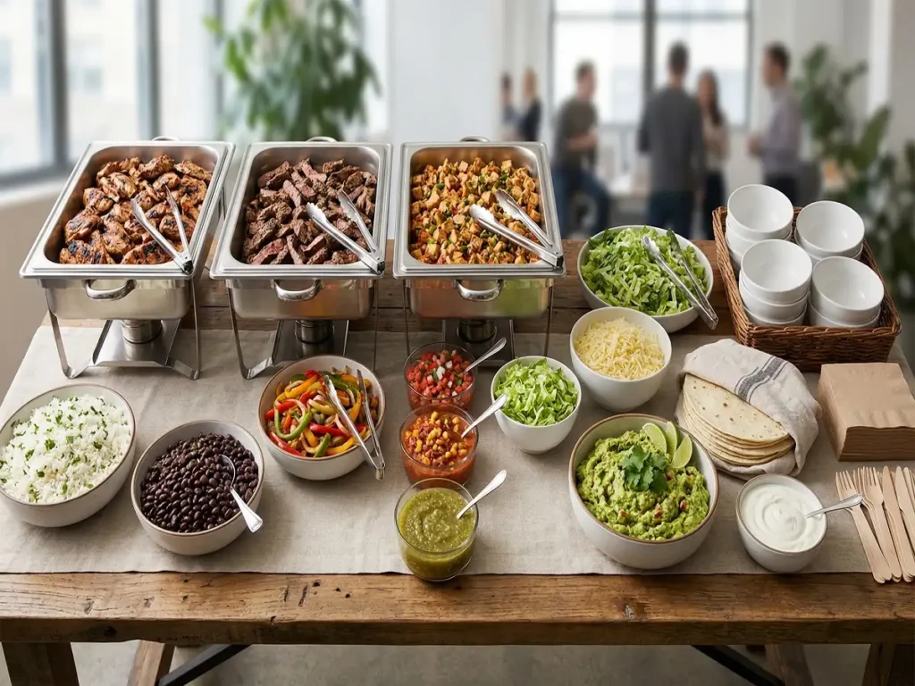 Build Your Own Chipotle catering spread with protein, rice, beans, tortillas, salsa, and toppings
