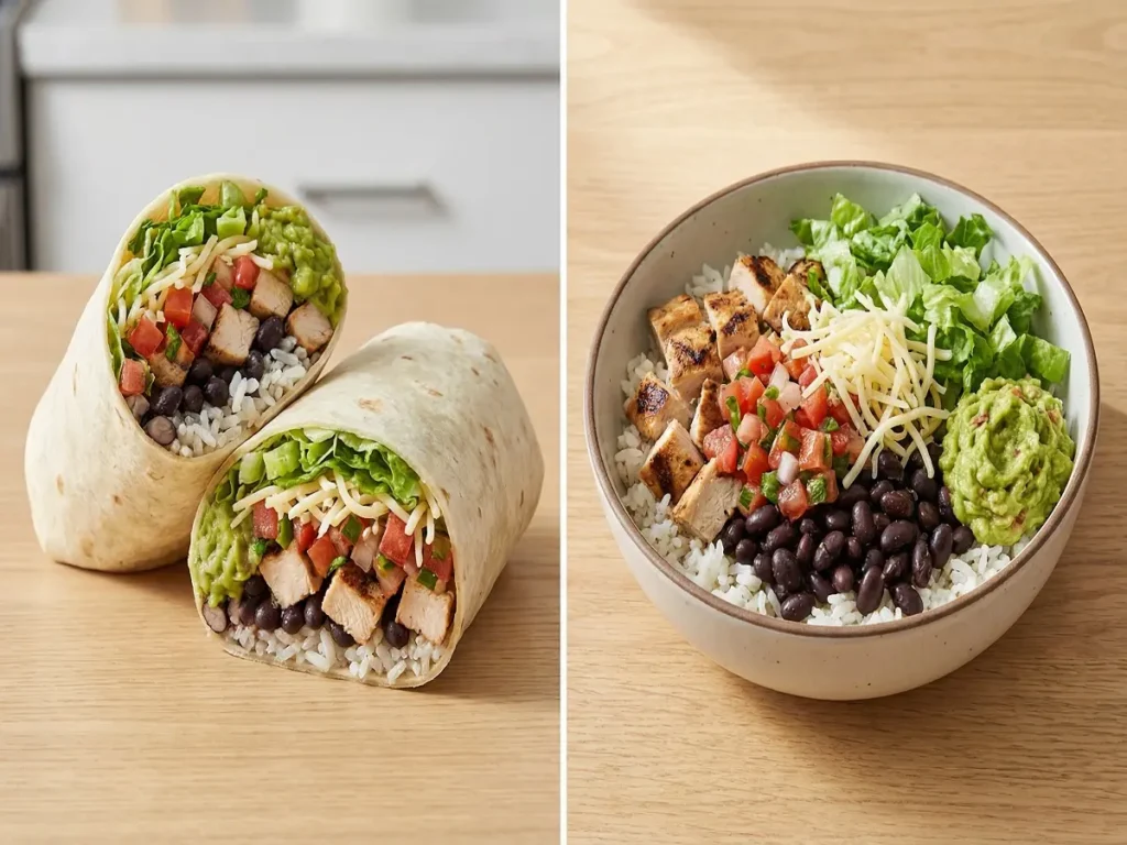 Chipotle burrito vs bowl calories comparison image

