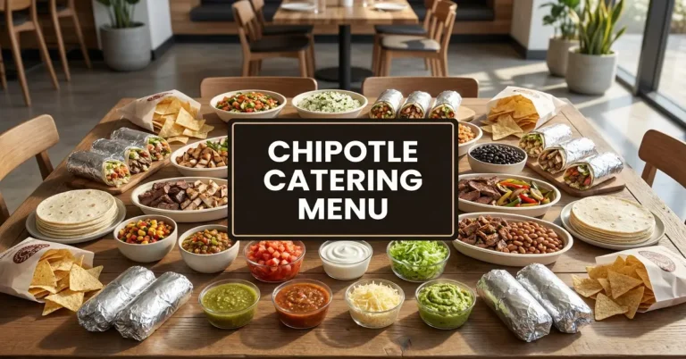 Chipotle catering menu feature image showing Build Your Own spread, boxed burritos, chips, and salsa