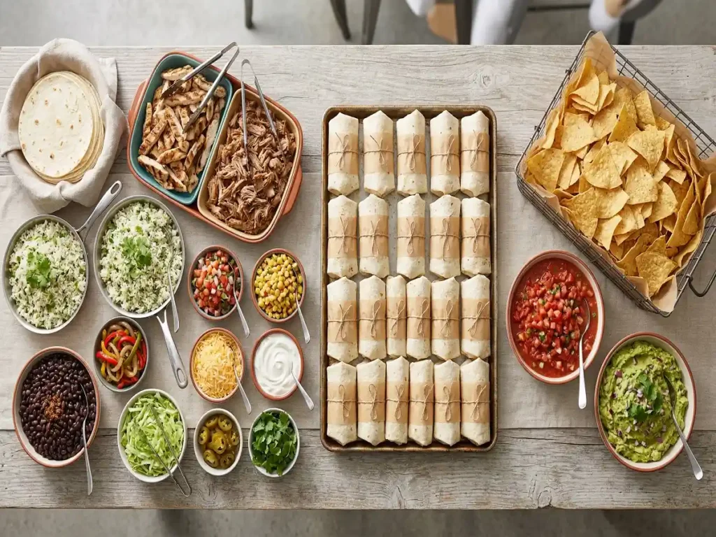 Chipotle catering menu at a glance with Build Your Own spread, burritos by the box, and chips and salsa
