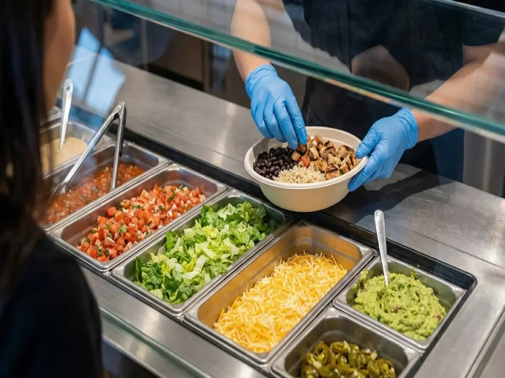 Chipotle ordering line showing safe gluten free preparation and glove change request