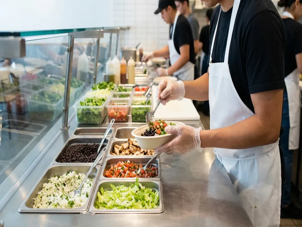 Chipotle food allergy ordering image showing fresh gloves and clean prep steps
