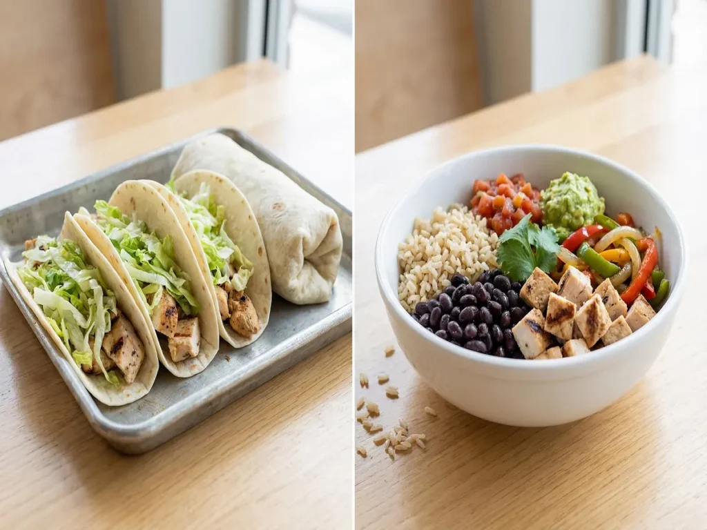 Gluten at Chipotle image comparing flour tortilla burrito with gluten-aware bowl option
