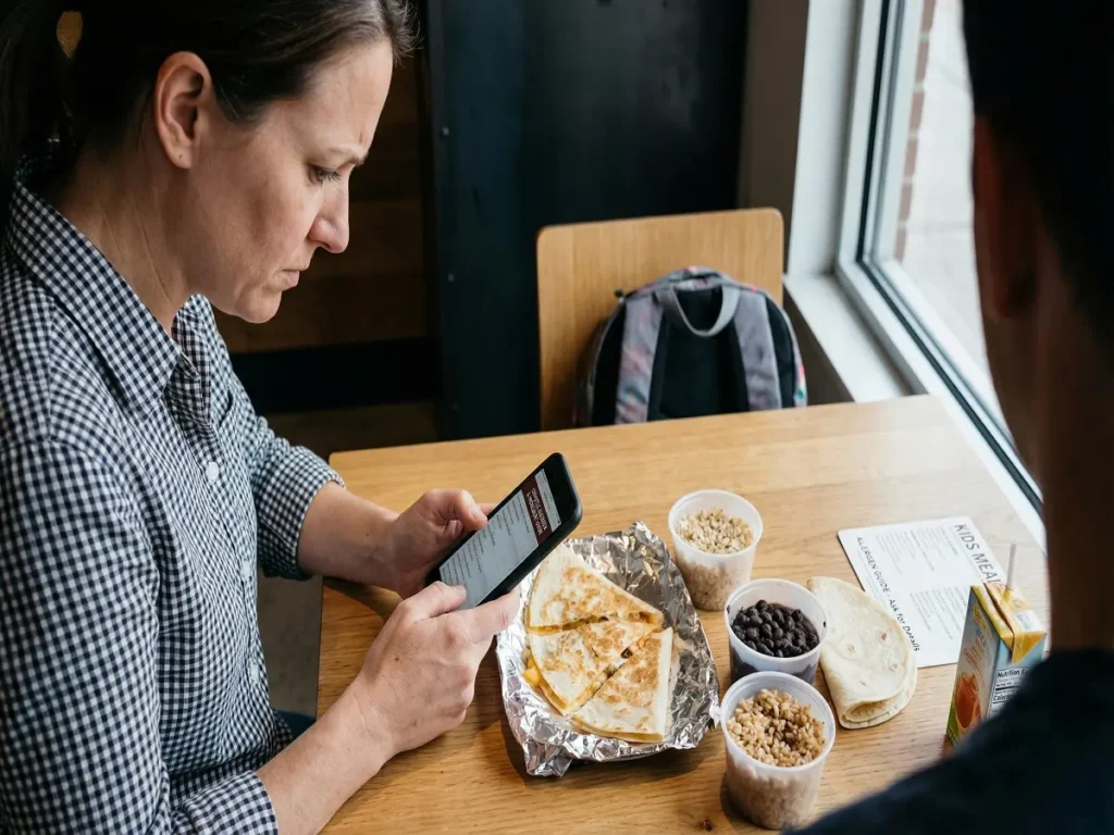 A parent checking Chipotle kids' meal ingredients and allergen details before ordering