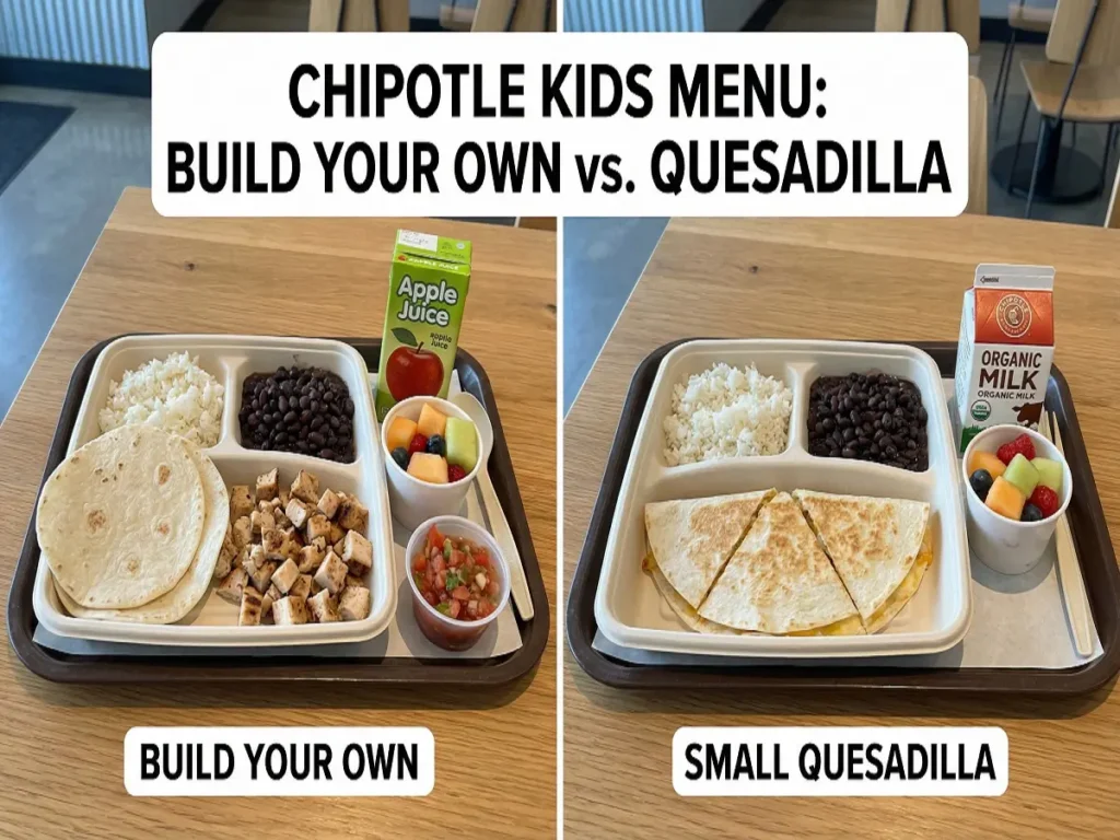 Chipotle kids menu options showing Build Your Own meal and Small Cheese Quesadilla side by side