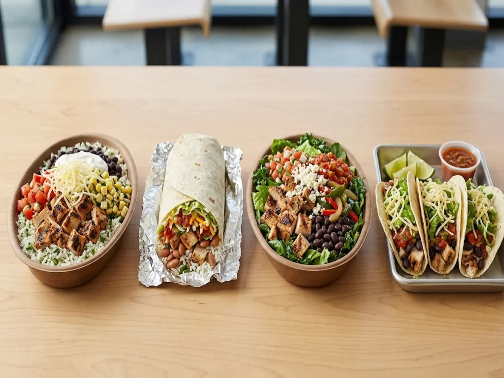 Chipotle menu calories comparison with bowl burrito salad and tacos
