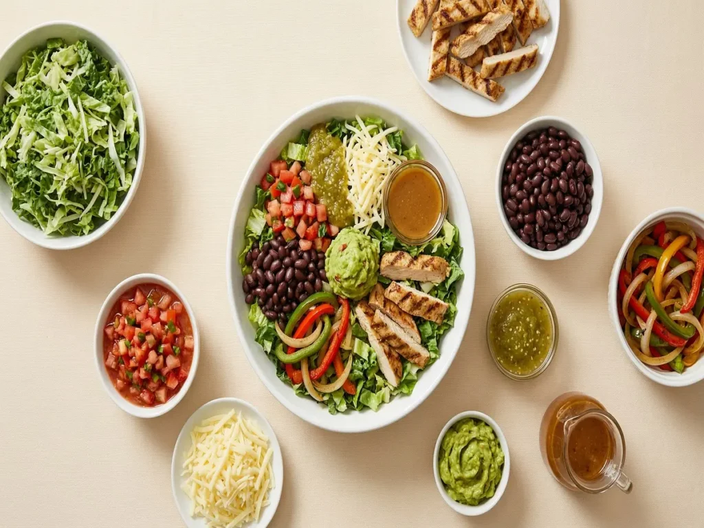 Chipotle salad ingredients with supergreens chicken beans salsa cheese and vinaigrette
