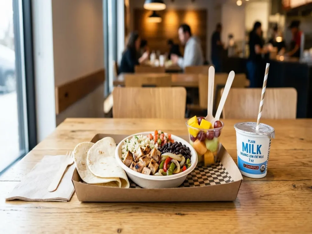 Healthy Chipotle kids menu order with grilled chicken fruit rice beans and simple toppings