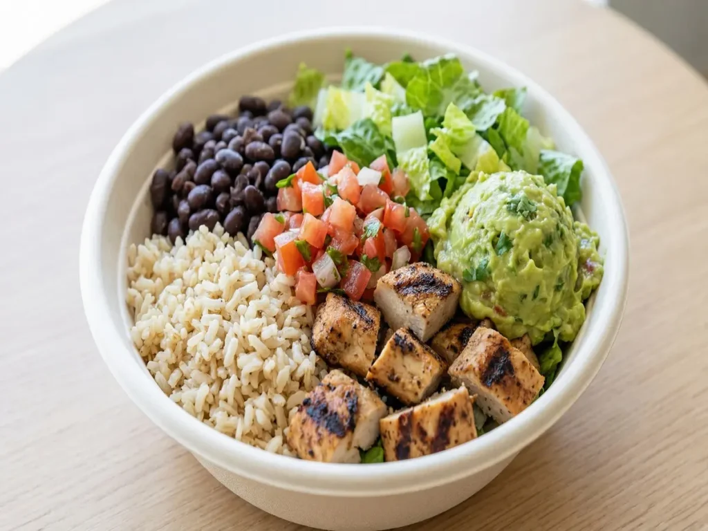 Safe gluten free Chipotle bowl with rice beans chicken salsa and lettuce