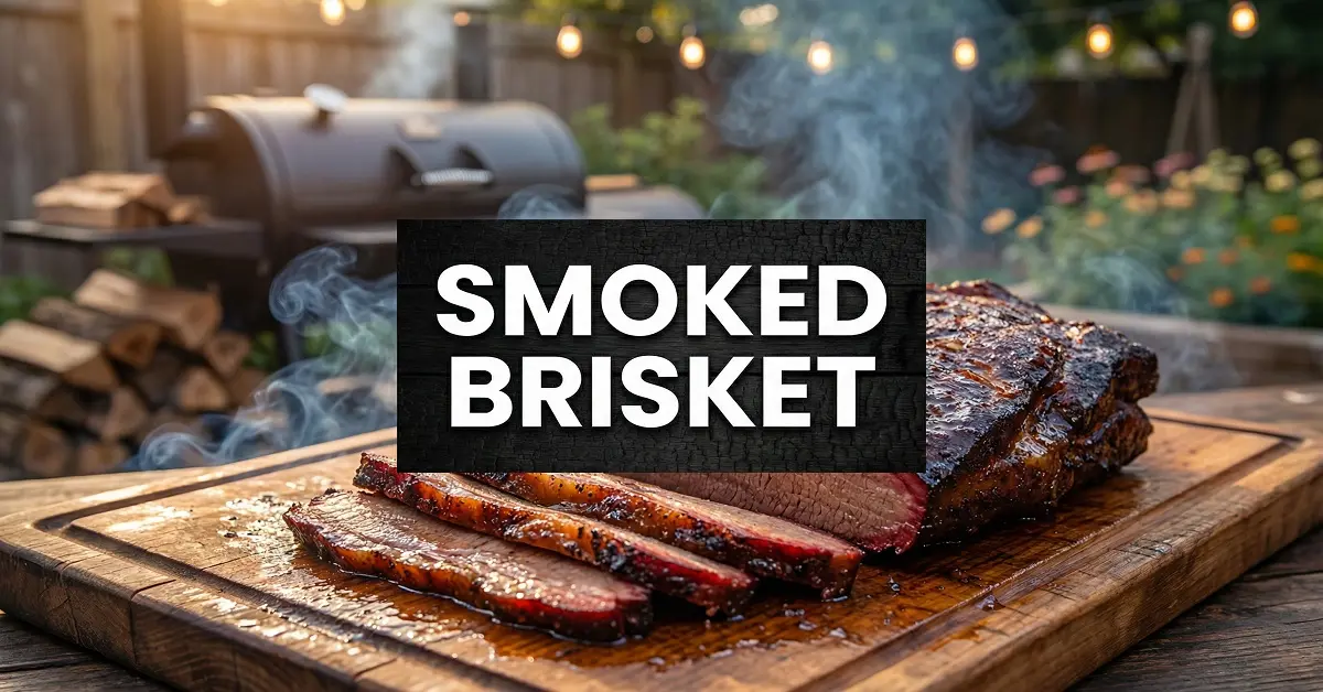 Smoked brisket sliced on wooden board with dark bark and visible smoke ring