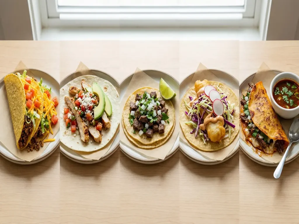 Popular taco types on a tacos menu including crunchy soft street fish and birria tacos