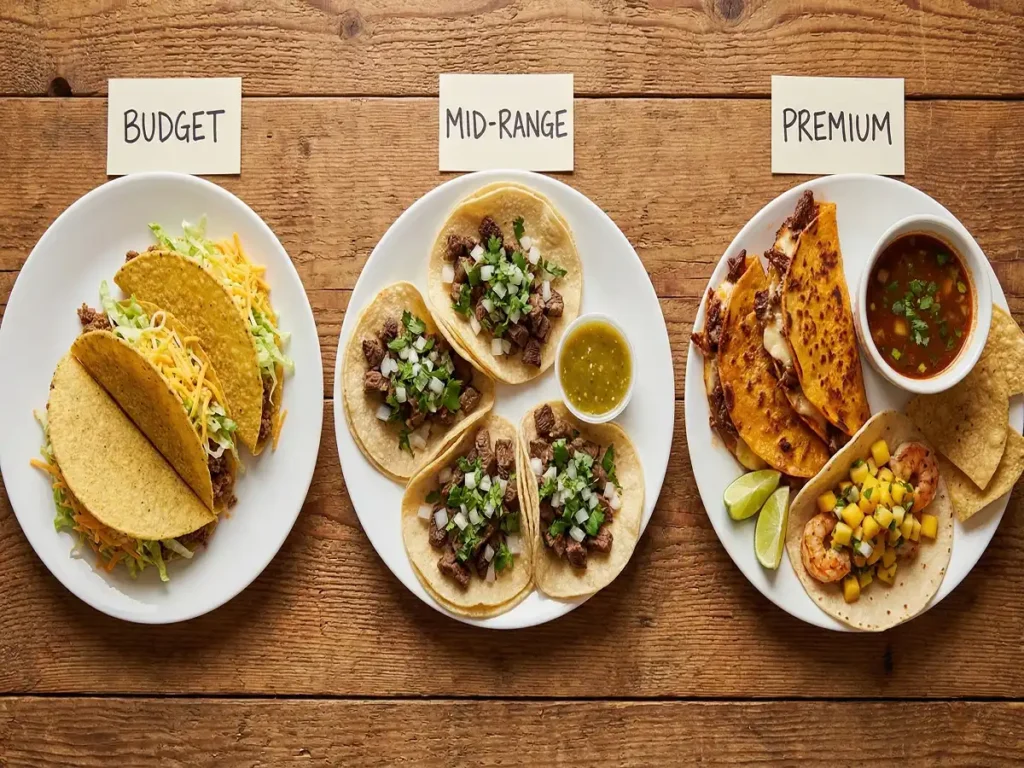 Tacos menu price and calorie comparison with different taco styles on plates

