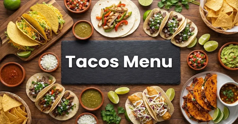 Tacos menu feature image showing different taco types with prices calories and fillings