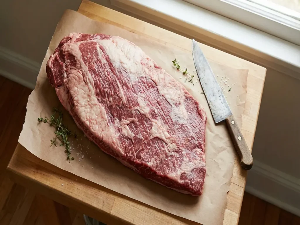 Whole packer brisket showing flat and point before trimming on butcher table